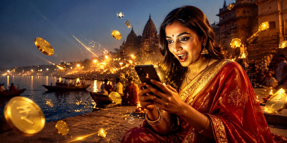 VIP player accessing mobile casino on riverfront in Varanasi